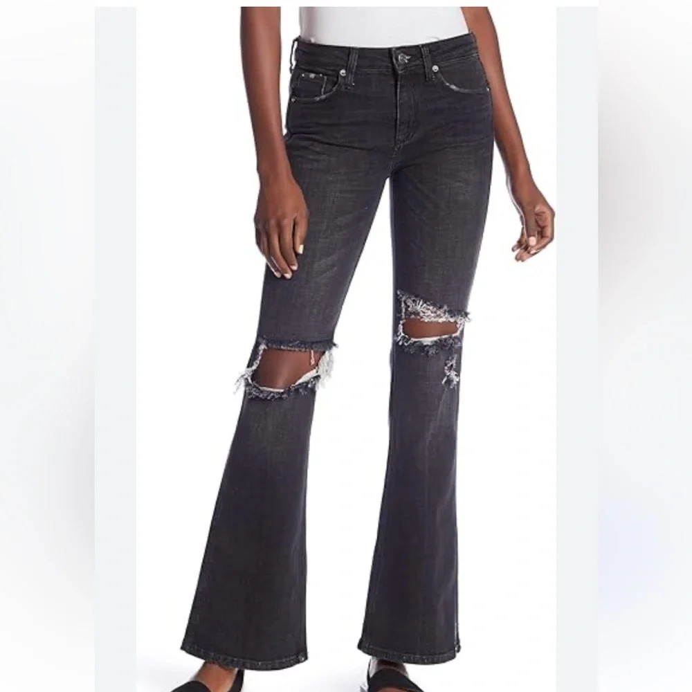 Free People Flare Jeans Womens Black Distressed Ripped Denim Jeans size 30